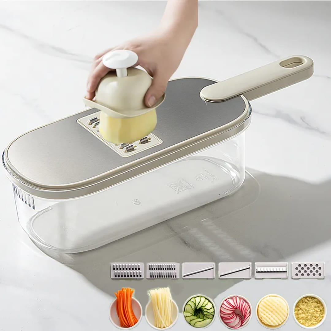 6-Blade Vegetable Slicer | Manual Mandoline with Storage & Drain Basket, Ergonomic Handle