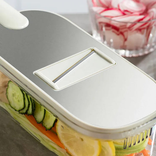 6-Blade Vegetable Slicer | Manual Mandoline with Storage & Drain Basket, Ergonomic Handle